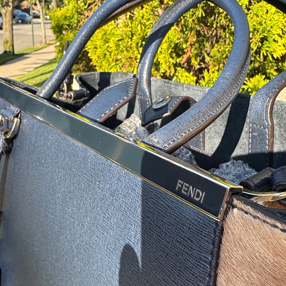 EUC Fendi 2Jours Leather Satchel Navy Leather ( tan and white pony hair trim) - Picture 13 of 16